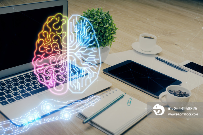 Double exposure of desktop with computer and brain drawing hologram. Artificial intelligence concept.