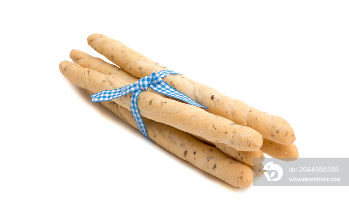 Bread sticks italian snack with blue ribbon isolated on the white