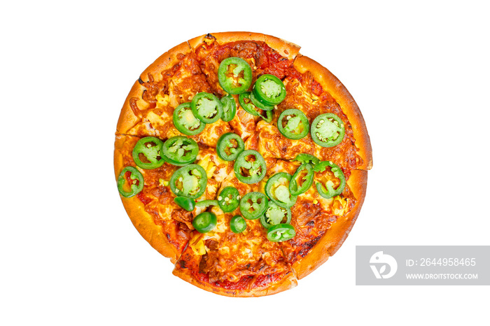 Isolated fresh jalapeño cheese pizza on a white background