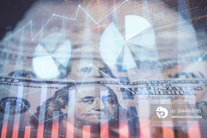 Double exposure of forex graph drawing over us dollars bill background. Concept of financial markets.