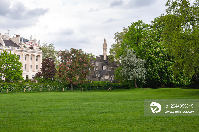 Regency architecture and a 200 year-old neo-gothic church in London, UK.