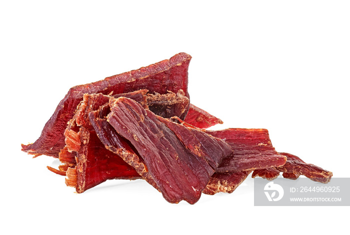 Portion of beef jerky on a white white background. Full depth of field.