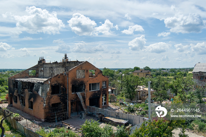 Damaged ruined houses in Chernihiv near Kyiv on north of Ukraine