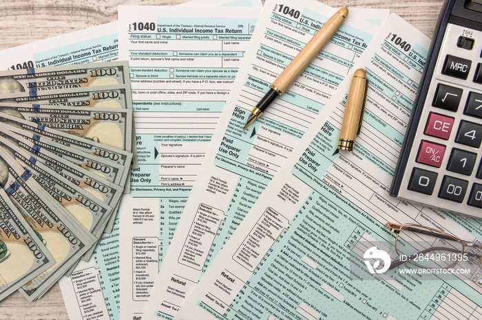 US tax form with money.