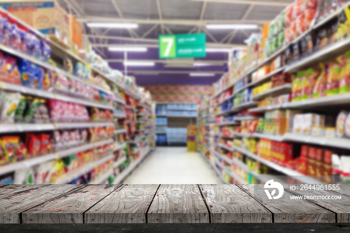 Empty wood Shelf on supermarket store background