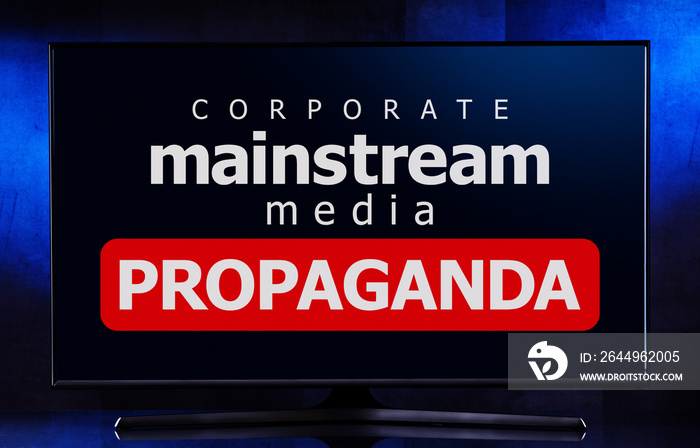 A TV set displaying the watchword: mainstream media propaganda