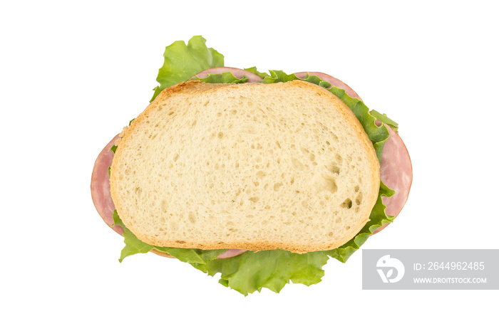 Sandwich with sausage and green lettuce on white. Top view.