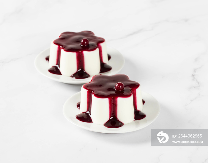 Italian dessert. Vanilla Panna Cotta with currant sauce on a plate. White background