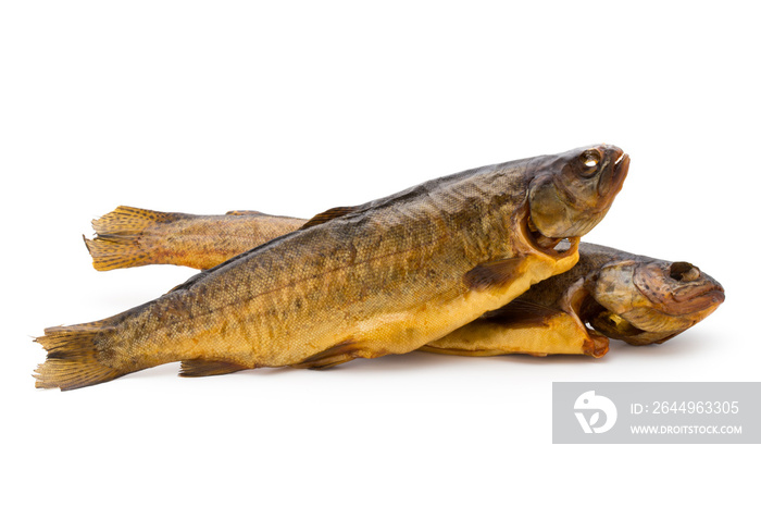 Smoked trout in front of a white background.