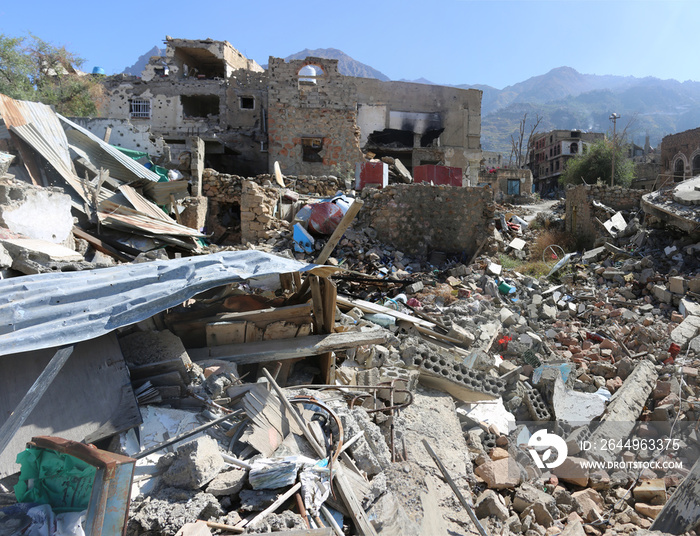 A neighborhood completely destroyed by war in the city of Taiz, Yemen