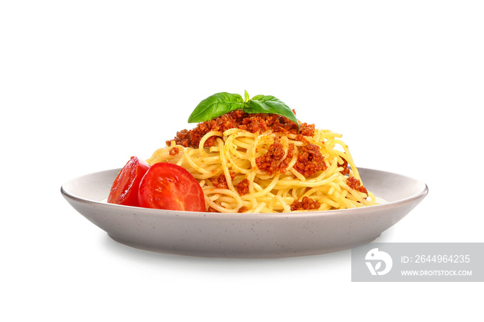 Plate with tasty pasta bolognese on white background