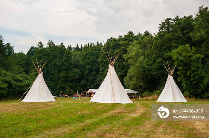 Beautiful view of three tipi tents in a field. Tee pee built on green grass. Traditional teepee tent wigwams located in nature. Czech countryside. Summer wedding.