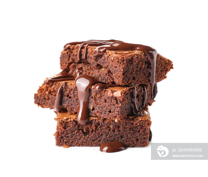 Pieces of tasty chocolate brownie isolated on white background