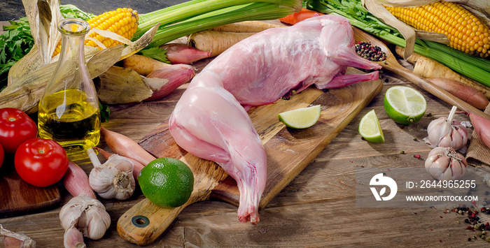 Raw rabbit with vegetables and herbs on rustic background.