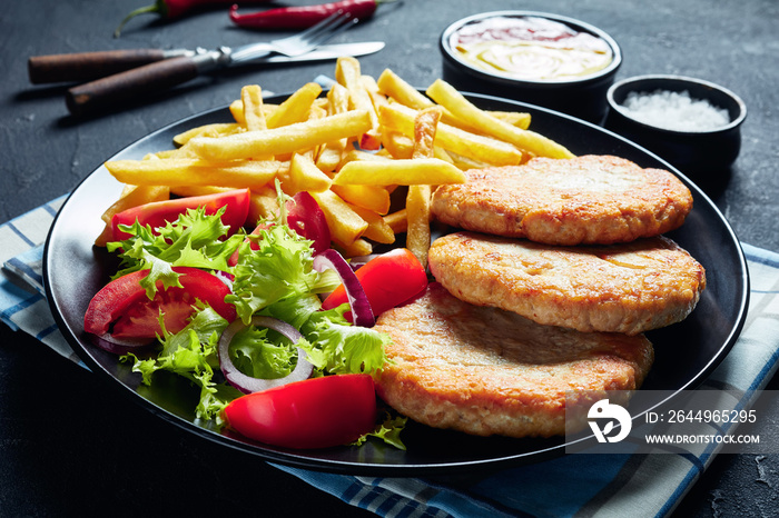 close-up of fried turkey burgers, top view