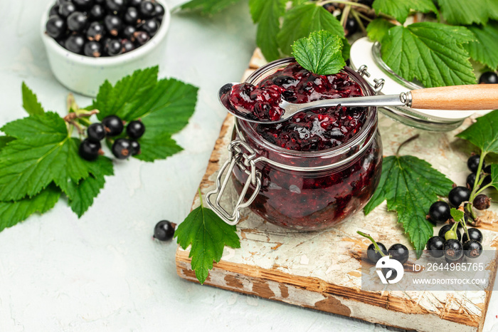 Delicious black currant jam urd, custard or jam and fresh berries, banner, menu, recipe place for text, top view