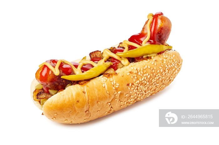 Hotdog with thick sausage and fried onion on white background