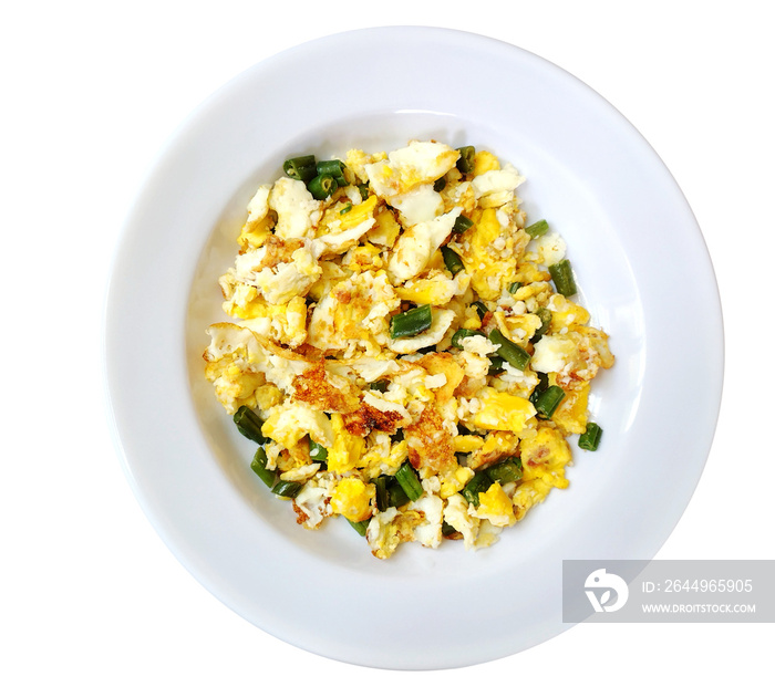 Plate with scrambled eggs and Chopped green beans. Breakfast