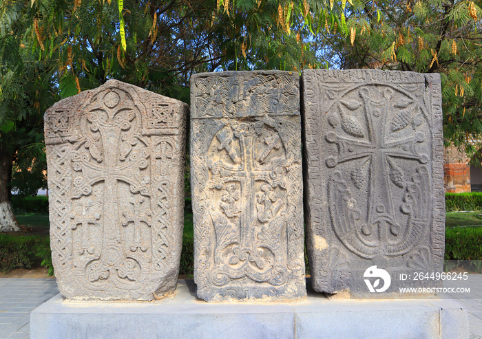 Old khachkars on the territory of the monastery in Echmiadzin (Vagharshapat), Armenia