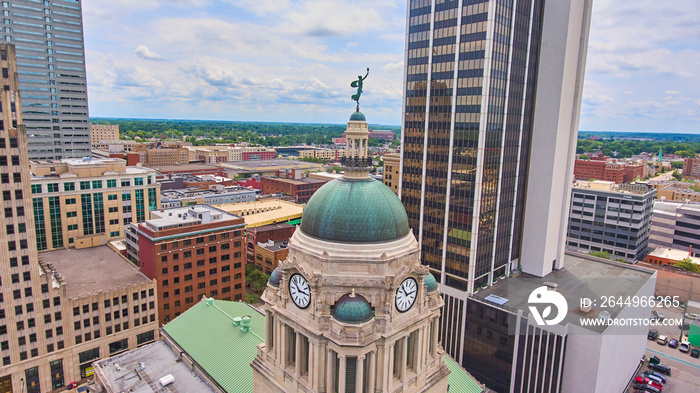 Top of Fort Wayne courthouse aerial with city surrounding