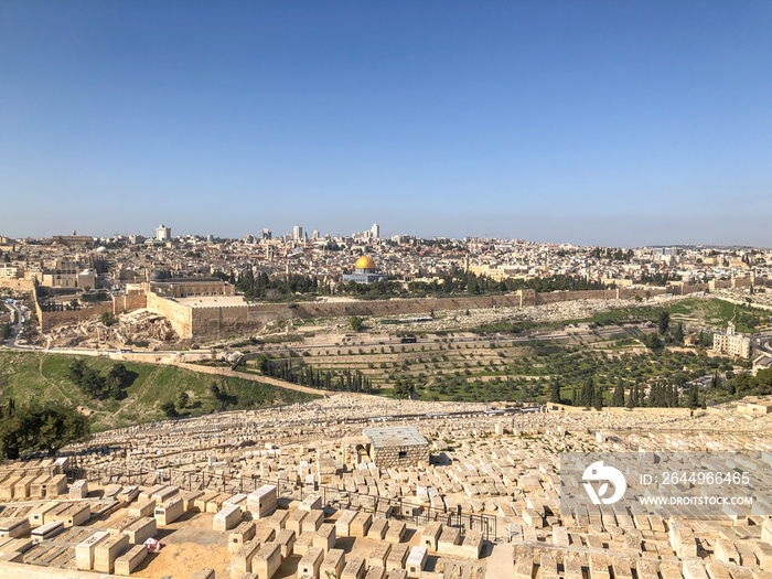 Panorama of Jerusalem with cemetery in Israel at daytime