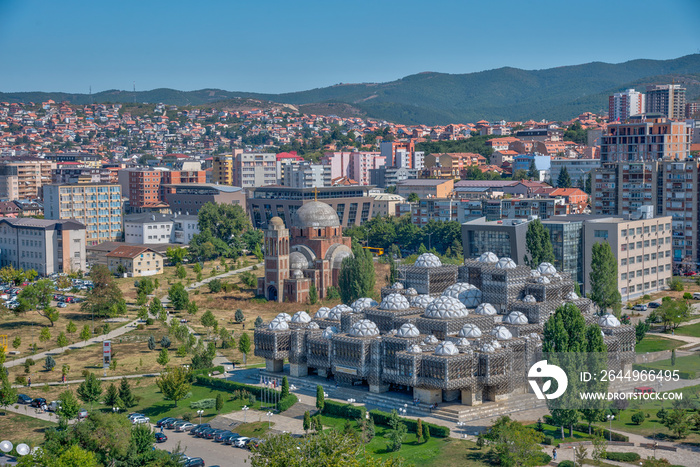 National library of Kosovo and unfinished serbian orthodox church of Christ the Saviour in Prishtina, Kosovo