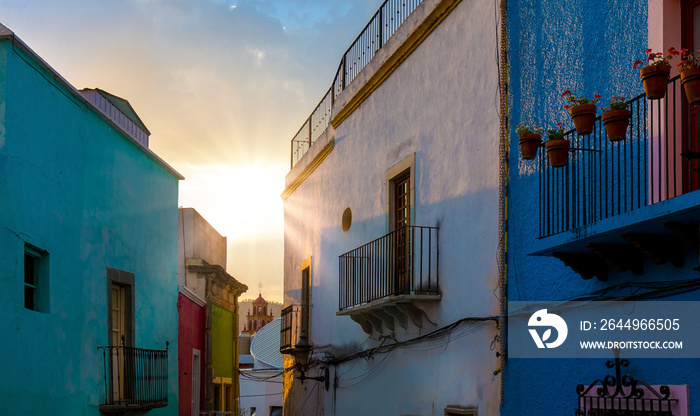 Guanajuato, Mexico, colorful colonial streets and architecture in Guanajuato historic center.