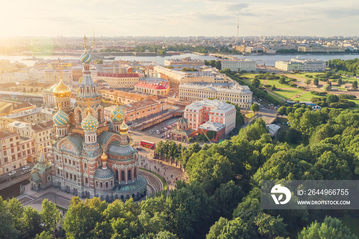 Top view of the Church of the Savior on Spilled Blood in the sunlight, Saint Petersburg, Russia