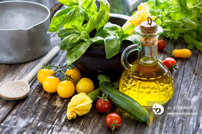 Mediterranean food ingredients on old wooden background