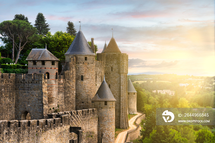 view of the walled city (La Cité) of Carcassonne in France - sunset sky.