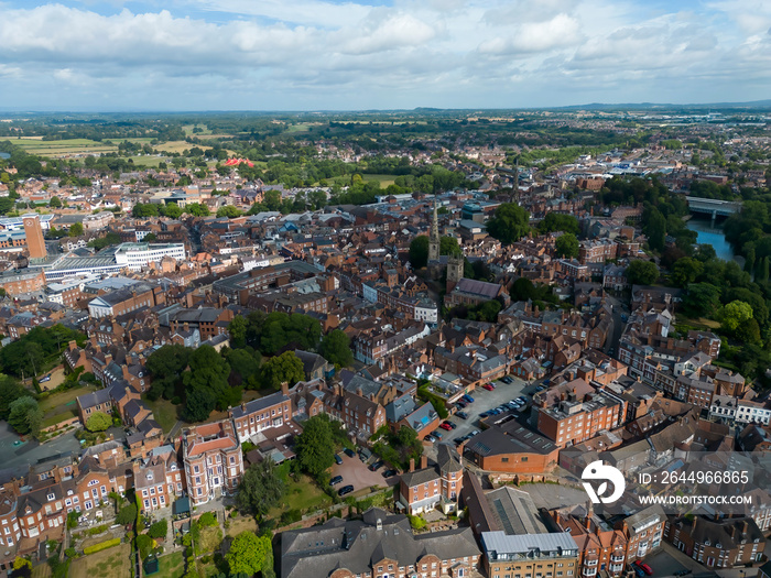 An aerial view of the market town of Shrewsbury in Shropshire, UK