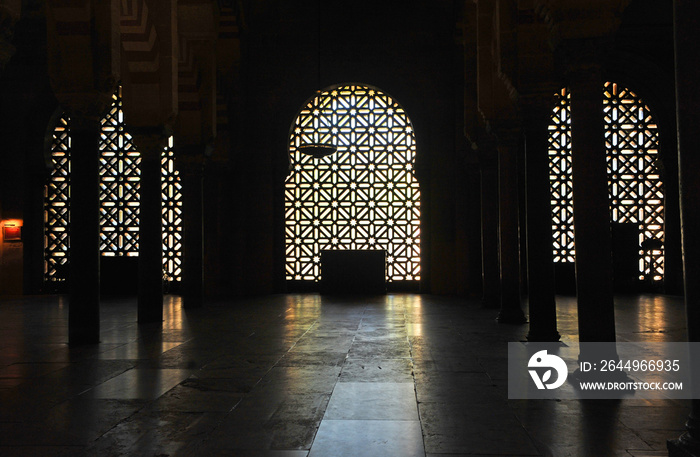 Gloom and darkness inside the famous Mosque of Cordoba (Mezquita de Córdoba) World Heritage Site by Unesco, one of the most visited monuments of Andalusia and Spain.