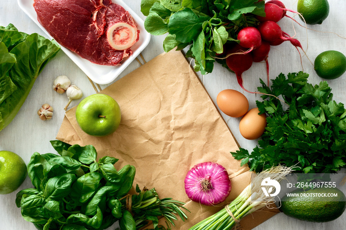 Frame paper bag healthy food buying healthy food top view