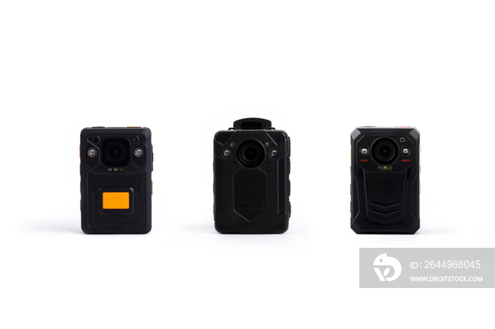 Three different kinds of Officer body cam. Personal Wearable Video Recorders, Portable DVR, camera isolated on white background. Closeup, front view.