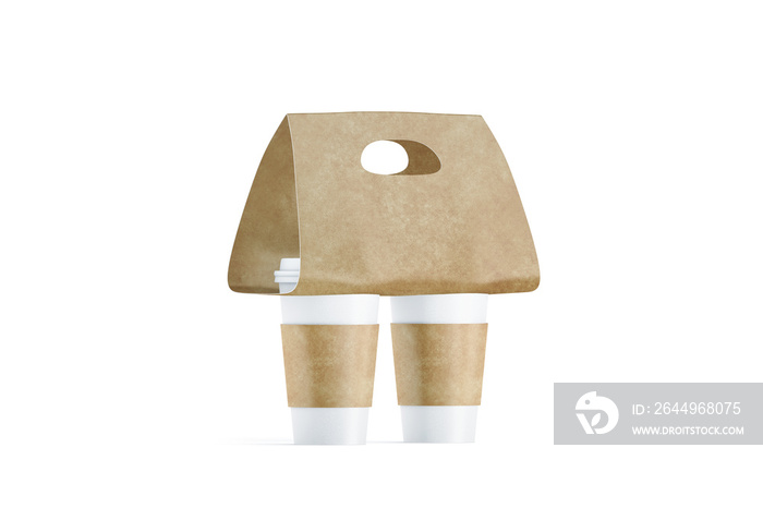 Blank two coffee cups craft carrier holder mockup, side view, 3d rendering. Empty cofe pack with sleeve and tray mock up. Clean brown drink clutches for takeout beverage. Disposable mobility container