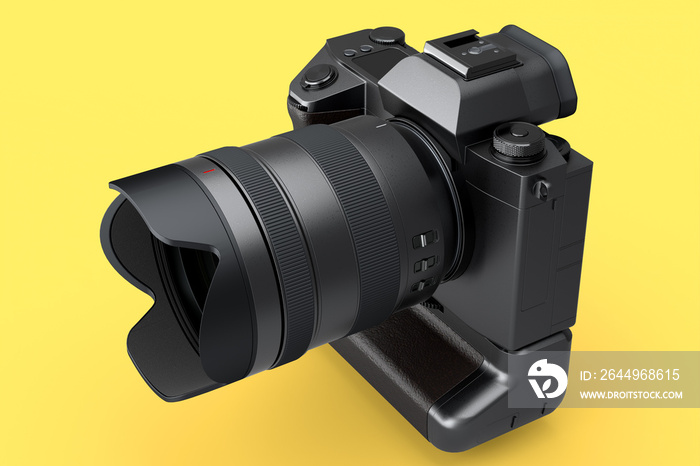 Concept of nonexistent DSLR camera with macro lens isolated on yellow background