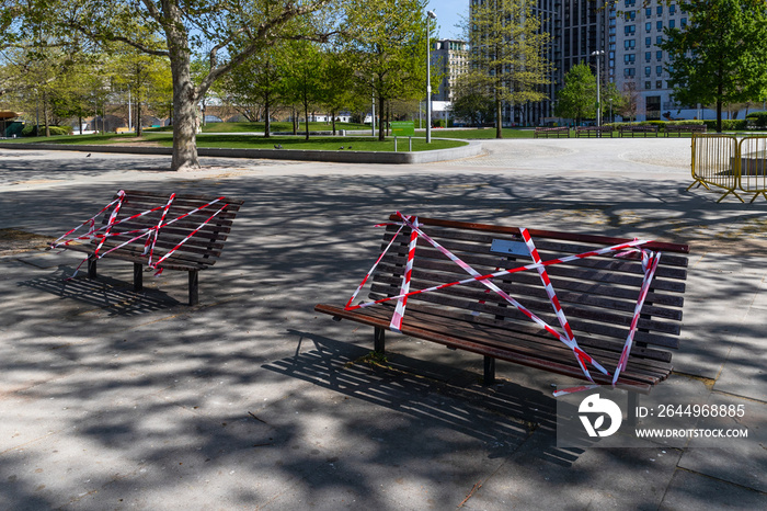 London, United Kingdom, Benches are condemned due to covid-19 outbreak, and to insure social distancing between people.