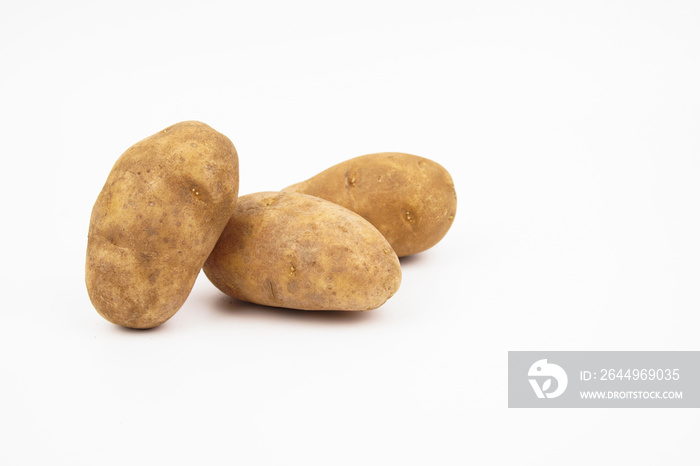 Three raw russet potatoes isolated on white background