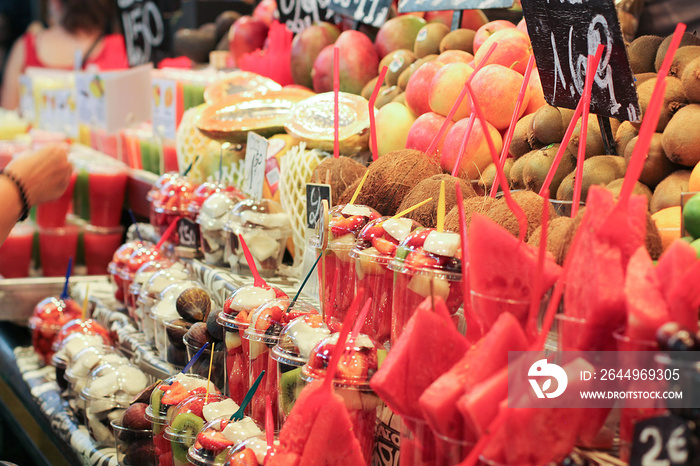 Mixed fruits on market stand in Barcelona