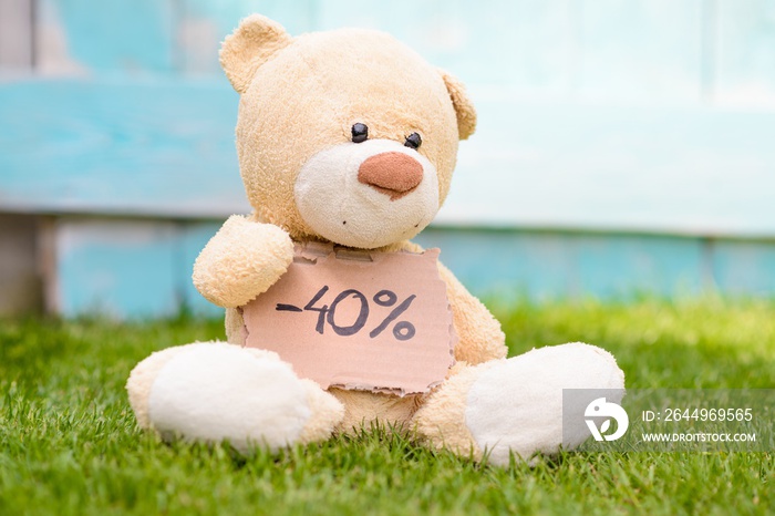 Teddy bear holding cardboard with information -40%