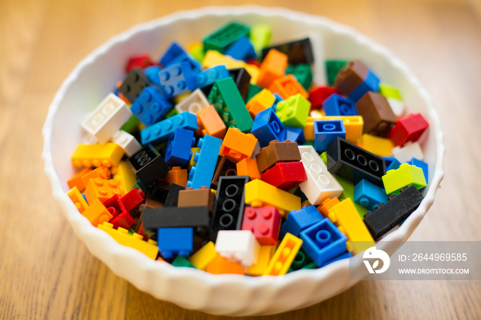 Close-up of a cluttered pile of colorful Lego bricks