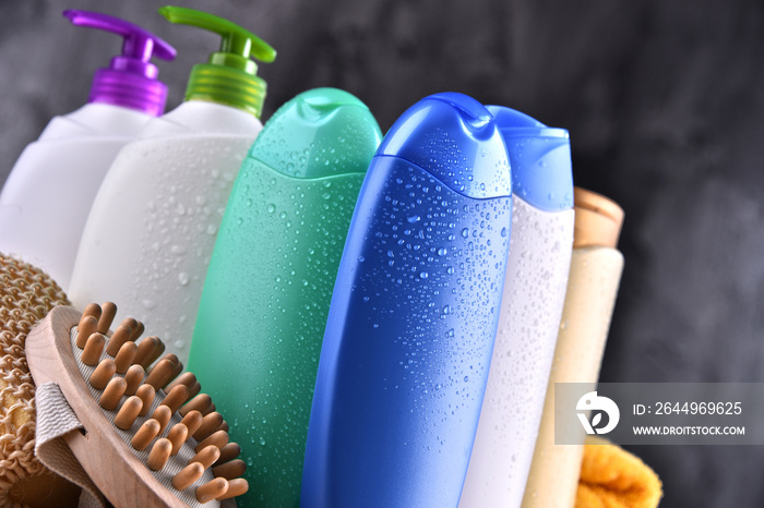 Plastic bottles of body care and beauty products