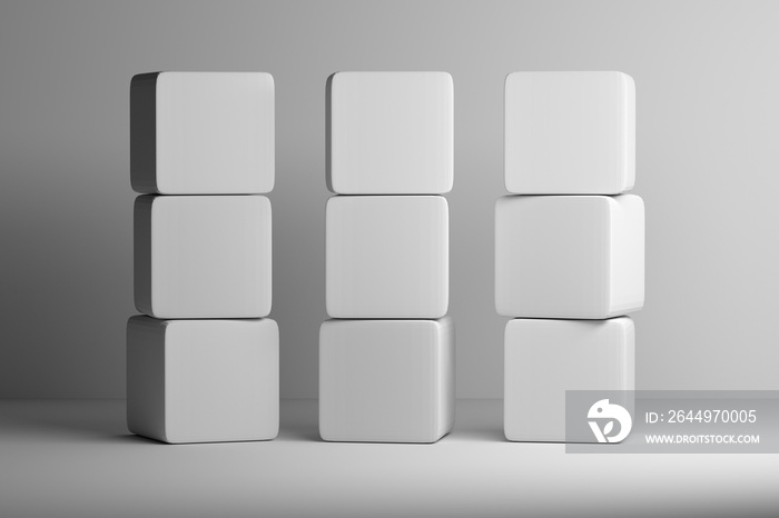 Set of nine white cubes with rounded edges stacked on each other on white background. Mock up template with empty blank space. 3d illustration.