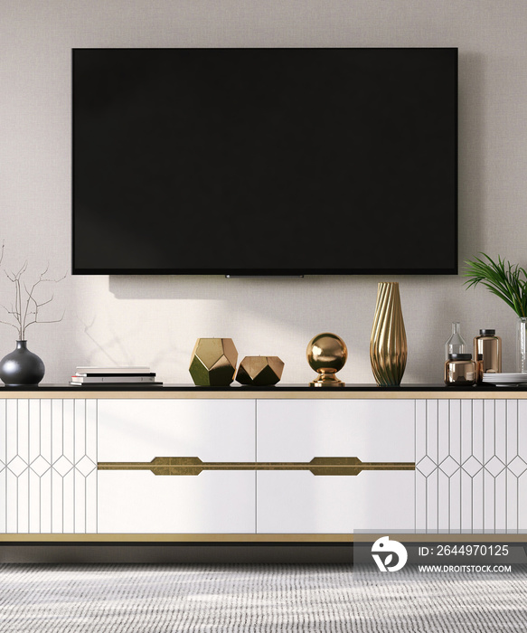 Realistic 3D render flat screen smart tv in modern luxury living room with white media unit cabinet sideboard. Mock up, Templates, Technology, Streaming, Media, Entertainment, Background, Lifestyle.