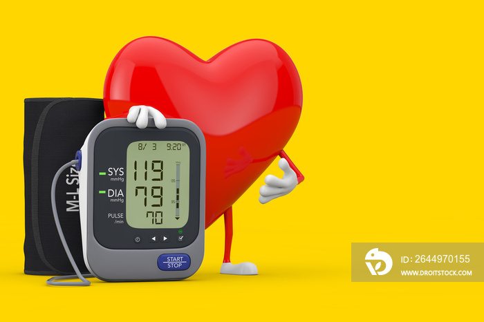 Red Heart Character Mascot and Digital Blood Pressure Monitor with Cuff. 3d Rendering