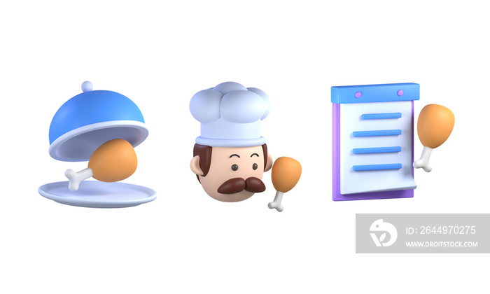 a set of 3D chef and food icons for food app 3D render illustration