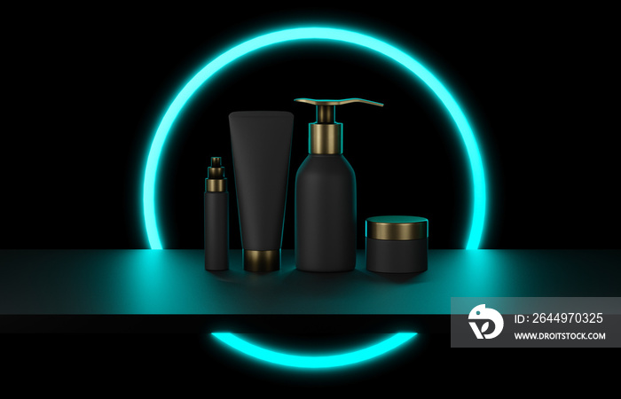 Several 3d  black jars on a black background..Spray bottle, tube of cream, cream in a bottle, round container for cream. Mock up cosmetics.