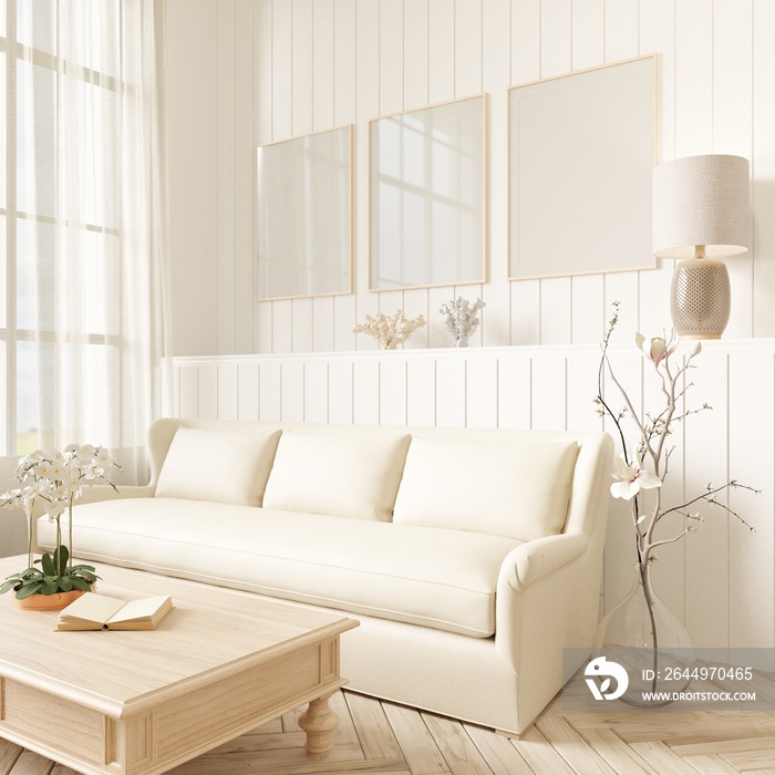 Mockup frame,living room interior background in light pastel colors, Scandinavian and Boho style .3d rendering