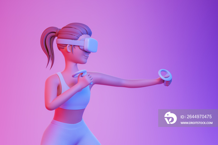 Strong cartoon character woman in vr goggles boxing training or play fitness game virtual reality over pink background with neon light.