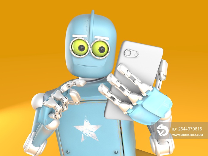 Retro robot sits and reads smartphone. New technologies and progress. 3d render.